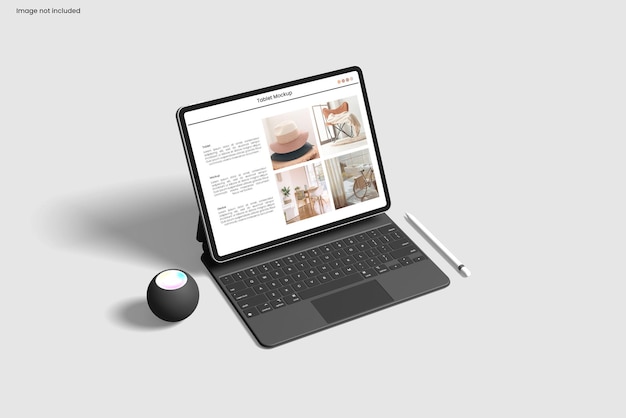 Tablet and keyboard screen mockups perspective view