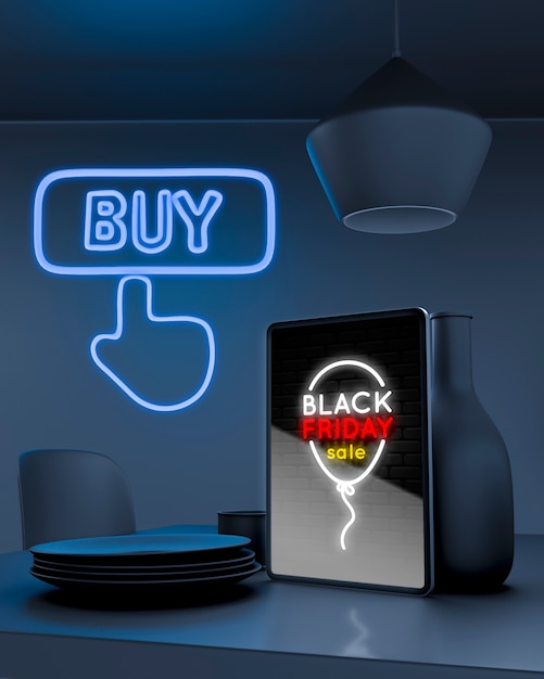 Tablet mock-up sul bancone della cucina con luci al neon blu