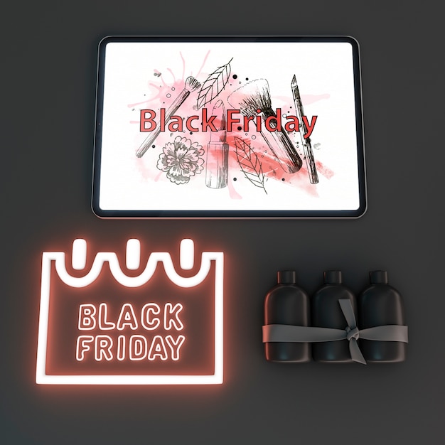 PSD tablet mock-up with red neon lights