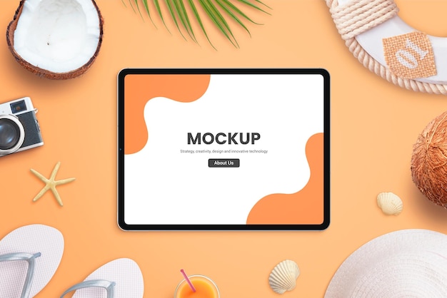 Mockup di tablet sul creatore di scene piatte sulla spiaggia