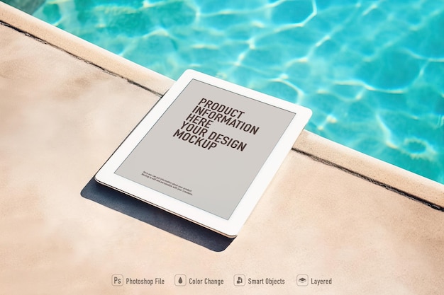 Tablet mockup on the edge of the pool Generative AI