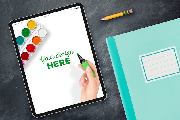 PSD tablet mockup and notepad with pencil