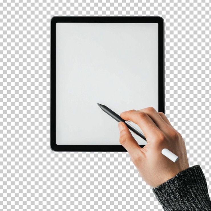 PSD tablet mockup with hand holding stylus ready transparent background