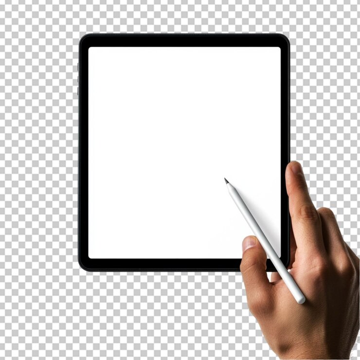 PSD tablet mockup with hand holding stylus ready transparent background