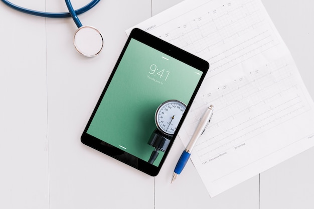 PSD tablet mockup with medical elements