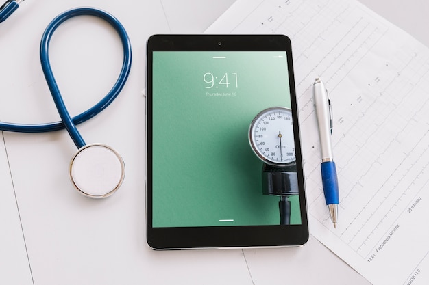 PSD tablet mockup with medical elements