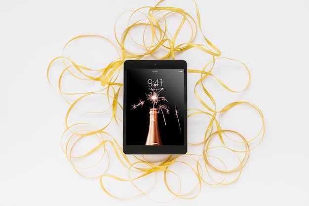 Tablet mockup with new year decoration