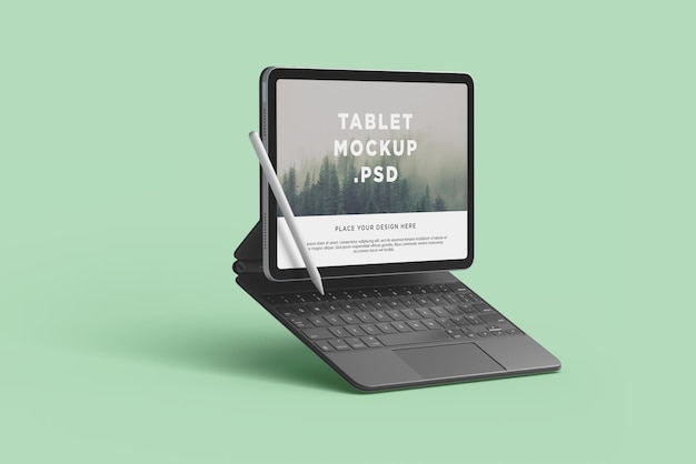 Tablet Mockup with white pen Green Background Editable Color PSD format