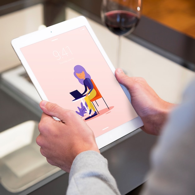 Tablet mockup with woman at home