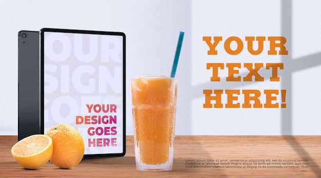 Mockup di tablet e succo biologico