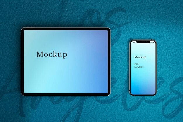 色付きの背景を持つタブレットと電話デバイスのモックアップ