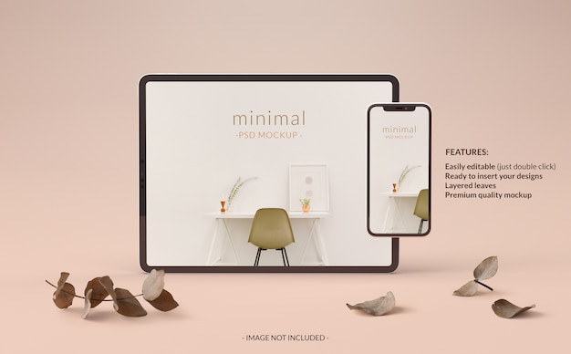 Mockup elegante per tablet e telefono con piante