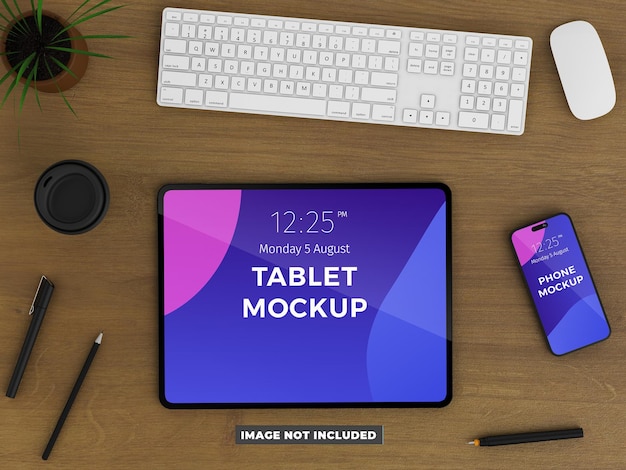 Tablet e telefono mockup vista dall'alto