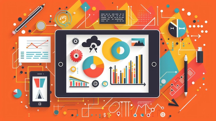 PSD a tablet screen displaying charts and graphs surrounded by office supplies and connected devices