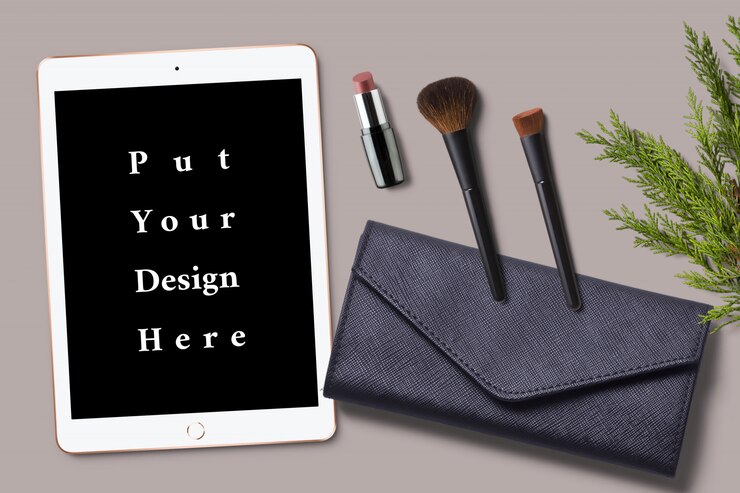PSD tablet screen mock-up with small bag and makeup