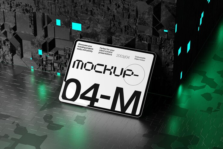 PSD tablet screen mockup in futuristic cyberpunk style