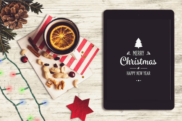 PSD tablet screen mockup with christmas design