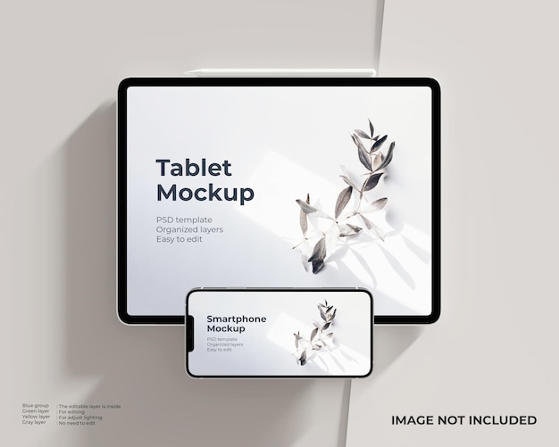 PSD schermo del tablet e schermo dello smartphone con mockup di penna stilo