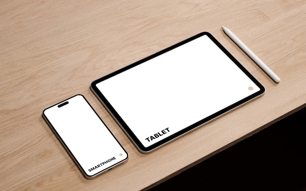 PSD tablet and smartphone on desk mockup