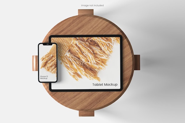 Tablet and smartphone  mockup on chair  top angle view