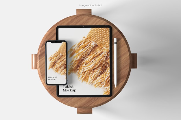 Tablet and smartphone  mockup on chair  top angle view