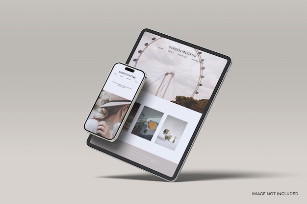 PSD mockup di tablet e smartphone con sovrapposizione di ombre