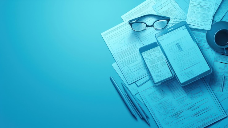 PSD a tablet smartphone pen glasses coffee cup and paperwork on a blue background