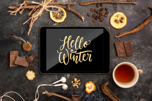 Tablet with hello winter message