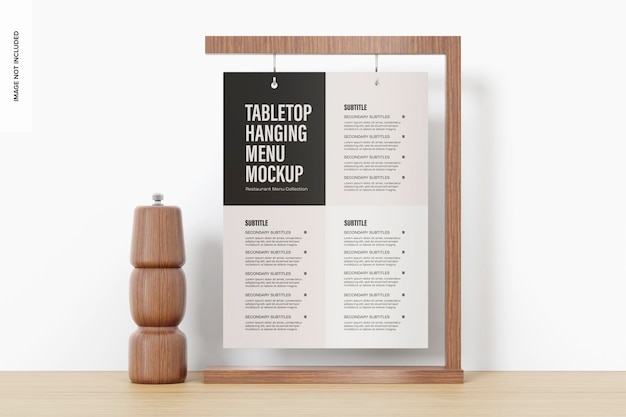 Tabletop hanging menu mockup, front view