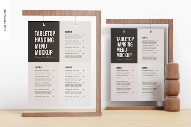 Tabletop hanging menus mockup, front view