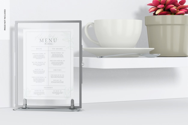 Tabletop menu holder with coffee cup mockup