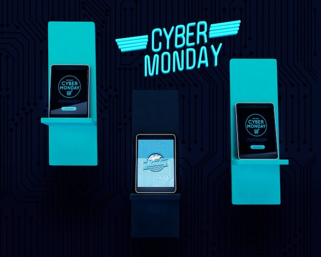 PSD tablets set on fluorescent shelves cyber monday