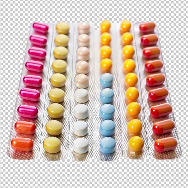PSD tablets in strip top view on transparent background