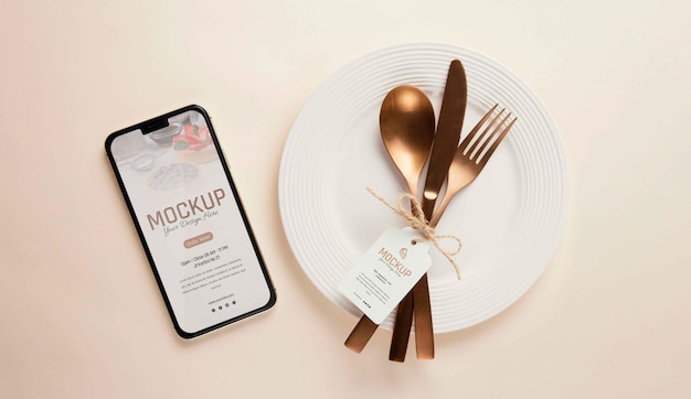 PSD tableware arrangement with mock-up smartphone