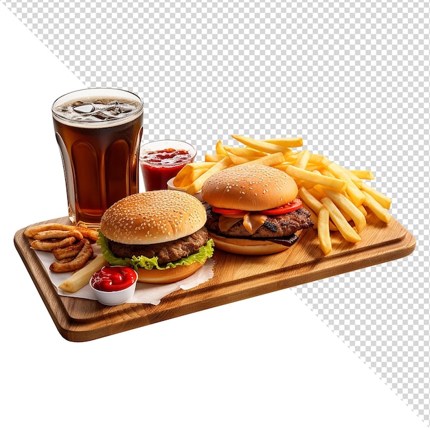 Tablica fast food z hamburgerami, frytkami i kokosem na przezroczystym tle