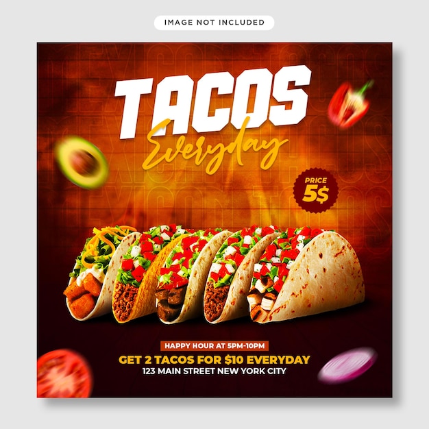 Taco dinsdag flyer en social media postsjabloon voor fastfoodrestaurant