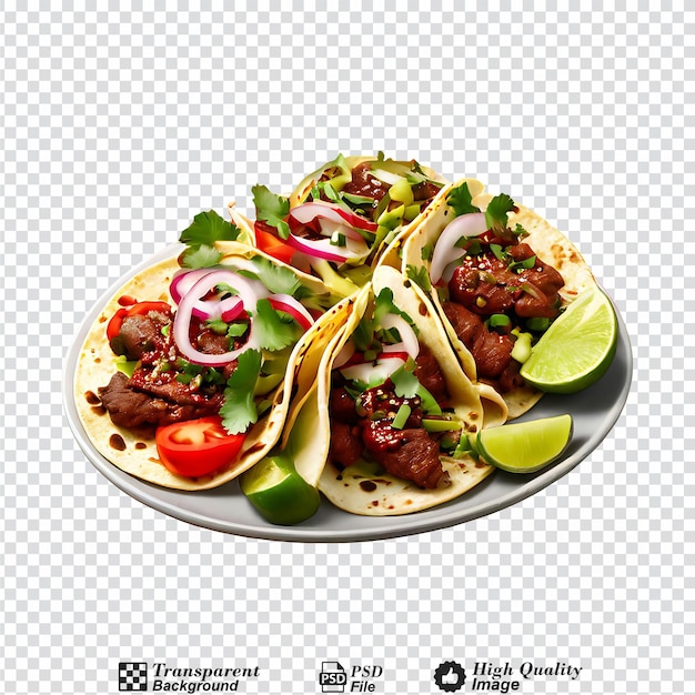 PSD taco's met rundvlees, tomaten, avocado, chili en uien op een doorzichtige achtergrond
