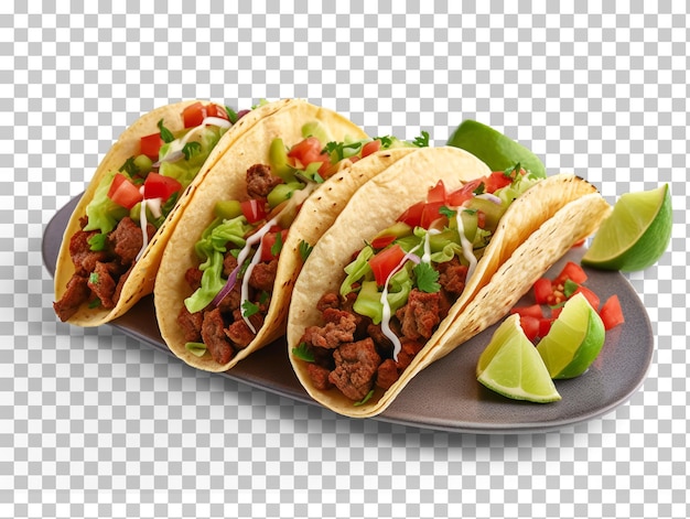 Taco's met vleestomaten, avocado-spaanse pepers en uien geïsoleerd op transparante of witte achtergrond p