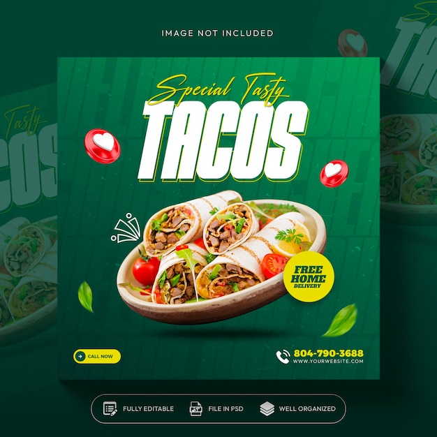 Продвижение tacos food в социальных сетях и дизайн шаблона баннера в instagram