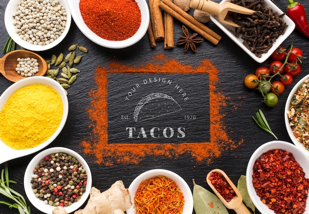 PSD tacos lettering and cinnamon frame mock-up surrounded by spices and herbs