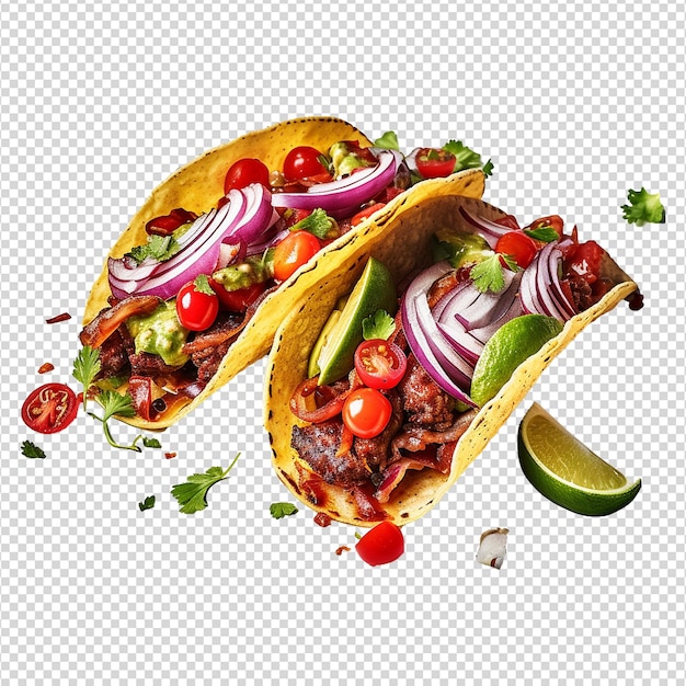 Tacos con pomodori di manzo, peperoncino d'avocado e cipolle isolati su uno sfondo trasparente