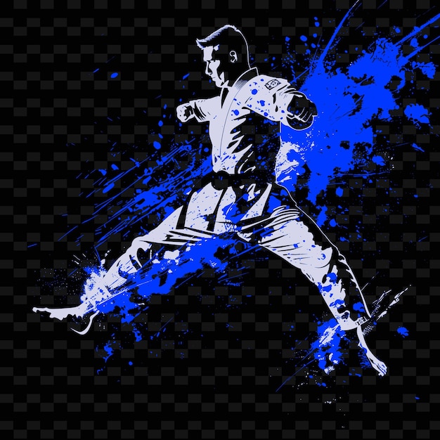 PSD atleta di taekwondo che esegue un calcio di rotazione con illustrazione dinamica di pos flat 2d sport background