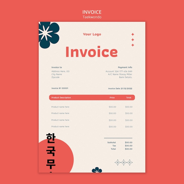 PSD taekwondo practice invoice template