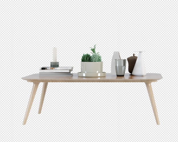 PSD tafel en decor in 3d-rendering geïsoleerd