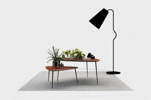 PSD tafel en lamp in 3d-rendering geïsoleerd