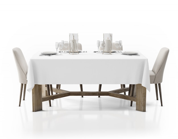 Tafel met tafelkleed, servies en stoelen