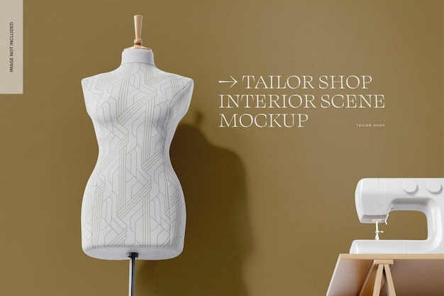 PSD tailor shop interior scene mockup, low angle view