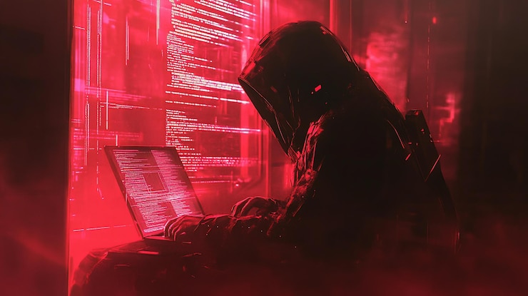 PSD tajemniczy haker pracuje późno w nocy na laptopie w słabo oświetlonym pokoju z świecącym czerwonym kodem