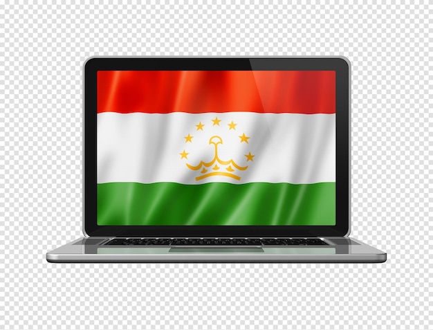 Bandiera del tagikistan sullo schermo del laptop isolato su illustrazione 3d bianca