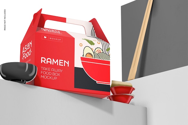 PSD take away food box mockup low angle view